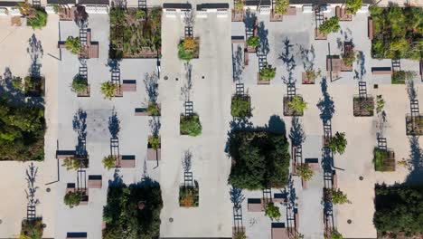 Aerial-shot-overhead-a-corporate-building-with-multiple-trees-outside