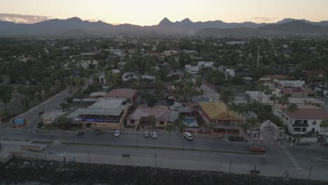 Loreto-Baja-California-Sur-Mexico-aerial-view-of-old-colonial-town-and-sea-of-Cortez-at-sunset