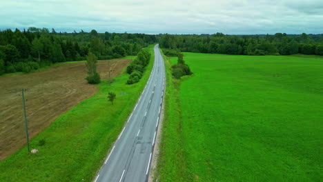 Car-driving-on-country-road-with-green-fields-and-dead-grass,-aerial-drone-view