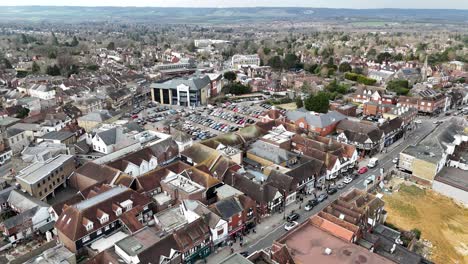 Pull-back-drone-aerial-reverse-reveal-Sevenoaks-town-Kent-UK-high-stree