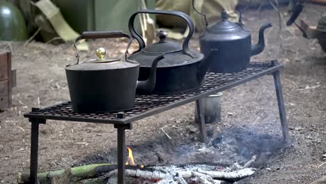 Pots-and-kettle-over-camp-fire-during-camping-trip