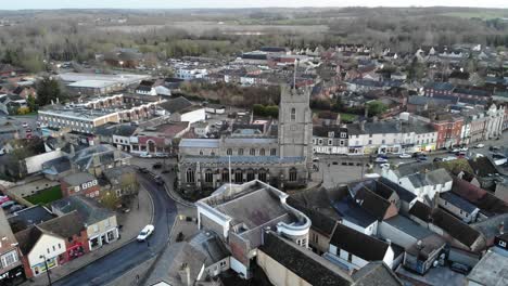 Drone-shot-of-the-The-Church-of-St-Gregory-in-Sudbury,-UK