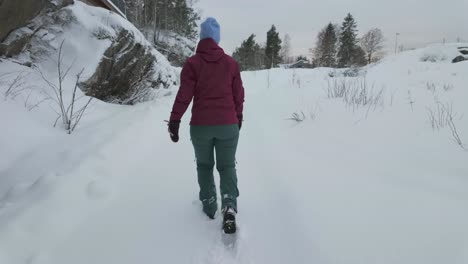 The-Rear-View-of-a-Woman-Walking-Through-Pristine-Snow---Tracking-Shot