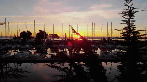 Luftaufnahme-Eines-Bootshafens-Bei-Sonnenaufgang-Auf-Der-Kalifornischen-Halbinsel,-Seevögel,-Segelschiffe,-Luftaufnahmen-Und-Eine-Strahlende-Morgensonne,-Die-Sich-In-Der-Ruhigen-Bucht-Von-San-Francisco-Spiegelt