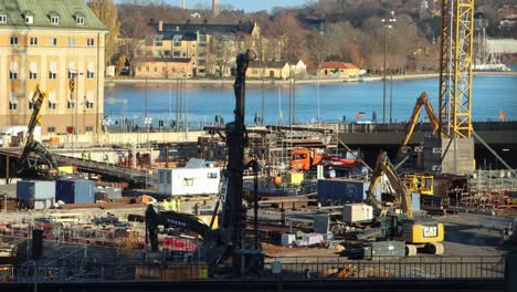 Vista-Estática-De-Los-Trabajos-De-Construcción-En-Slussen-Por-Agua-En-Estocolmo