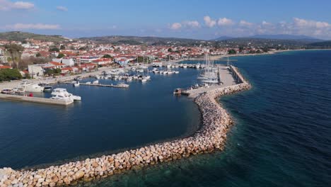 Low-aerial-view-of-the-small-marina-located-in-Nikiti-Chalkidiki