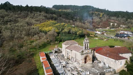 Aerial-orbit-establishes-Santa-Maria-de-Punxin-in-Ourense-Galicia-Spain-with-cemetery-grounds