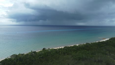 Lush-coast-of-Cozumel-island-in-Caribbean-sea-with-stormy-sky-in-background,-Mexico