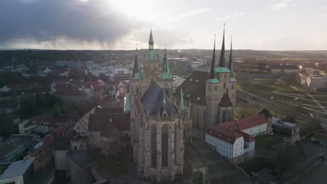 Aerial-shot-of-Erfurt-Cathedral-or-Domplatz-overlooking-Petersburg-in-the-town-of-Erfurst-in-the-state-of-Thuringia-Germany