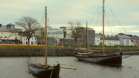 Gimbal-shot-of-Galway-hookers-moored-in-Claddagh-basin