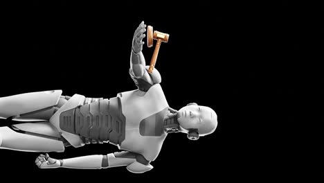 Vertikaler-Prototyp-Eines-Humanoiden-Cyber-Roboters,-Der-Einen-Richterhammer-Hält,-Künstliche-Intelligenz-In-Einer-Gerichtsdebatte-Auf-Schwarzem-Hintergrund