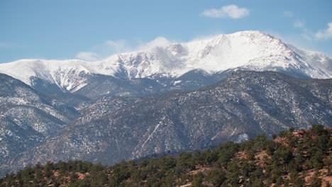 Snow-covered-Pikes-Peak-Of-The-Rocky-Mountains-On-Sunny-Day-In-Colorado,-USA