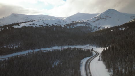Winter-Park-Berthoud-Pass-i70-scenic-landscape-view-HWY-80-roadside-traffic-aerial-drone-Berthod-Jones-snowy-late-afternoon-Colorado-high-elevation-Rocky-Mountains-Peak-forest-circle-left-motion