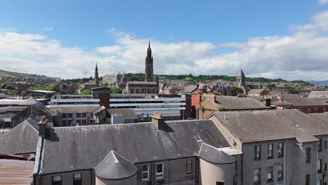 Greenock,-Scotland-UK,-Aerial-View-of-Cityscape-on-Sunny-Day,-Church-Towers-and-Downtown-Buildings