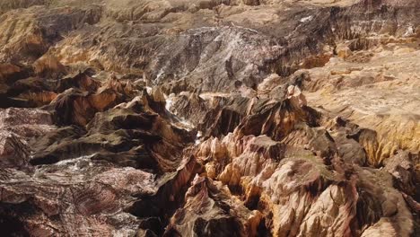 Golden-color-nature-the-salt-mountain-scenic-wonderful-landscape-of-vivid-colorful-layers-of-mineral-line-in-panoramic-geology-aerial-shot-drone-fly-over-the-peaks-wide-beautiful-background-in-Iran
