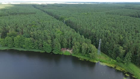 power-pole-with-electricity-line-in-forest-on-shore-of-lake-aerial-circulating