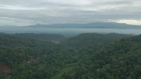 Aerial-view-of-valley-between-hills-with-dense-forests