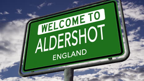 Bienvenido-A-Aldershot,-Inglaterra,-Señal-De-Tráfico-De-La-Ciudad-Del-Reino-Unido,-Animación-Realista-En-3D