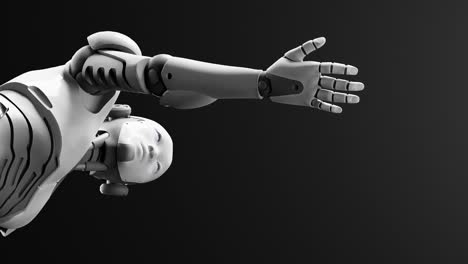 Humanoider-Cyborg-Prototyp,-Beweglicher-Arm-Und-Anzeige-Von-Leerem-Raum-In-Der-Handfläche-Zum-Hinzufügen-Von-Objekten,-Schwarzer-Dunkler-Weltraumhimmel-Hintergrund,-Futuristisches-Aufgabenszenario-Mit-Künstlicher-Intelligenz,-3D-Rendering-Animation