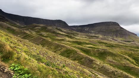Lush-green-Icelandic-valley-with-imposing-basalt-mountains-under-cloudy-skies,-daylight-shot