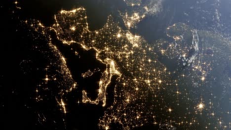 Animation-of-planet-earth-rotating-with-Europe-light-pollution-map-showing-main-capital-city-from-the-space-3d-rendering-animation