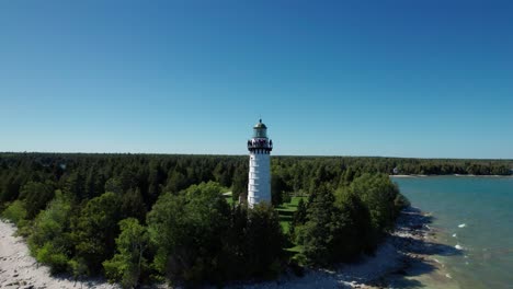 Langsam-Umkreisende-Drohnenaufnahme-Eines-Leuchtturms-In-Door-County,-Wisconsin