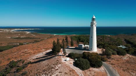 aerial-view-over-Wadjemup-Lighthouse-on-Rottnest-Island-on-a-clear-sunny-day-during-summer,-Western-Australia