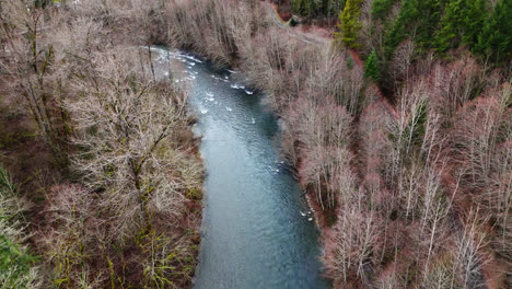 Pacific-Northwest-smooth-backwards-shot-of-flowing-Cedar-River-in-Washington-state