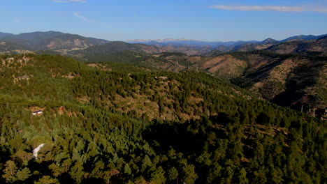 El-Rancho-Evergreen-Golden-Genesse-Colorado-Buffalo-reserve-outlook-scenic-landscape-Indian-Peaks-power-line-Rocky-Mountain-National-Park-summer-morning-sunny-Mount-Evans-blue-sky-reveal-pan-forward