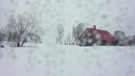 Time-lapse-winter-rural-field-cabin-in-woods-lens-covered-with-snow-transition