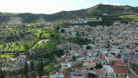 Lefkara-village,-Cyprus,-hillside-houses,-lush-greenery
