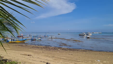 Sanur-Beach,-Bali-Island-on-Low-Tide,-Fishing-Boats-and-Skyline,-Revealing-View