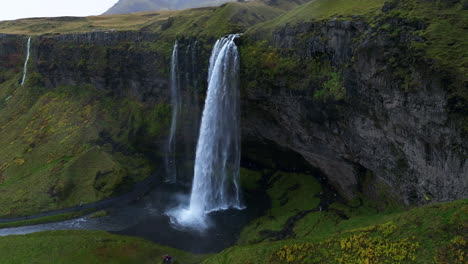 Spectacular-Seljalandsfoss-Waterfall-In-Iceland---Aerial-Shot