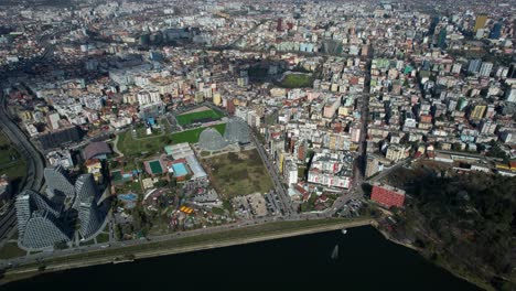 Tirana-capital-city-of-Albania-seen-from-above-from-lake-park