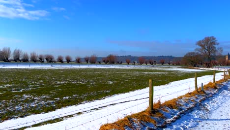 Picturesque-Dutch-landscape-of-scenic-orchard-and-polder-meadow-in-winter-with-snow