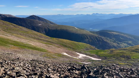 Quandary-Peak-trail-hike-Breckenridge-Kenosha-Pass-fourteener-14er-June-July-Summer-Colorado-blue-sky-Rocky-Mountain-landscape-snow-melting-Continental-Divide-Grays-and-Torreys-early-morning-pan-right