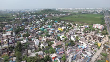Aerial-Shot-of-Indian-Slum-near-a-higway-in-India