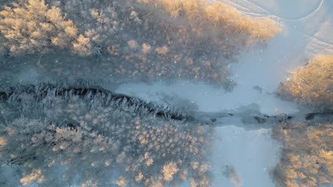 Paisaje-Aéreo-De-Invierno-Nórdico,-Nieve-Cayendo-Sobre-Un-Río-Congelado-A-Través-Del-Bosque