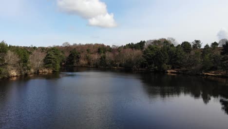 Aerial-forward-shot-flying-low-over-Squabmoor-Reservoir-in-Devon-England-on-a-sunny-day