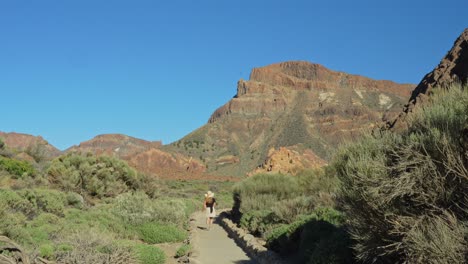 Mujer-Despreocupada-Disfruta-De-Vacaciones-Haciendo-Senderismo-En-El-Parque-Nacional-Del-Teide,-Tenerife