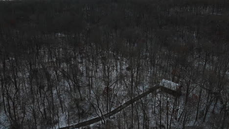 Bird's-eye-view-of-winter-snow-covered-white-forest-landscape-in-Mount-Sequoyah