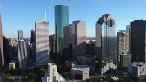 Downtown-Houston-Texas-USA-Cityscape-Skyline,-Central-Towers-and-Skyscrapers,-Drone-Aerial-View