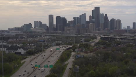 Drone-shot-from-I-10-West-of-the-downtown-Houston,-Texas-area