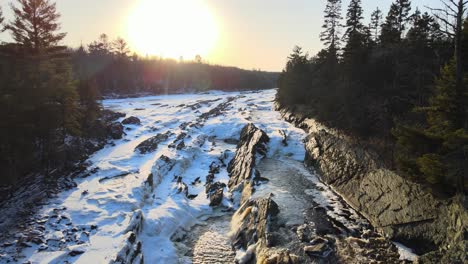 Aerial-view-over-the-frozen-river-in-the-middle-of-the-forest