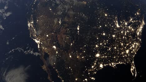 Vista-Nocturna-Del-Planeta-Tierra-Girando-Desde-El-Espacio-Con-Estados-Unidos-Y-México-Iluminados-Por-La-Noche-Contaminación-Lumínica-Animación-De-Renderizado-3d