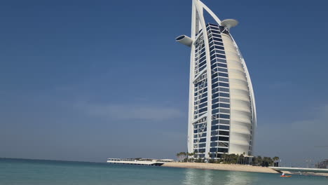 Dubai-UAE-Landmark,-Beachfront-Burj-Al-Arab-Tower-Hotel-on-Artificial-Island