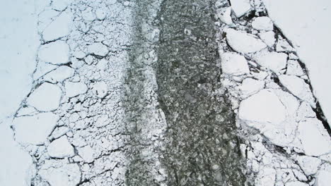 Aerial-shot-above-Gota-alv-river-with-broken-ice-shelf-during-winter