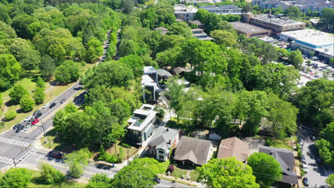Aerial-of-Atlanta-suburbs-with-natural-green-areas,-Georgia,-USA