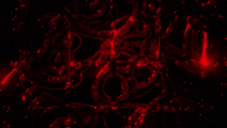 Animation-Eines-Science-Fiction-Hintergrunds-Mit-Sich-Bewegenden-Roten-Serpentinen-Hinter-Einem-Metallischen-Schachbrett