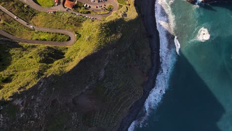 Birds-view-of-a-beautiful-cliffside-near-the-ocean-in-Madeira,-Portugal